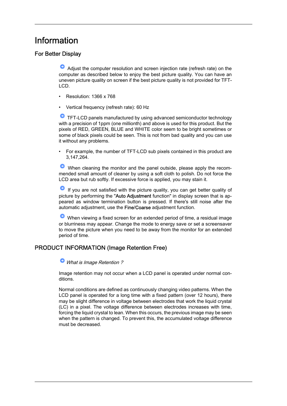 Information, For better display, Product information (image retention free) | Samsung 460UTN User Manual | Page 107 / 116