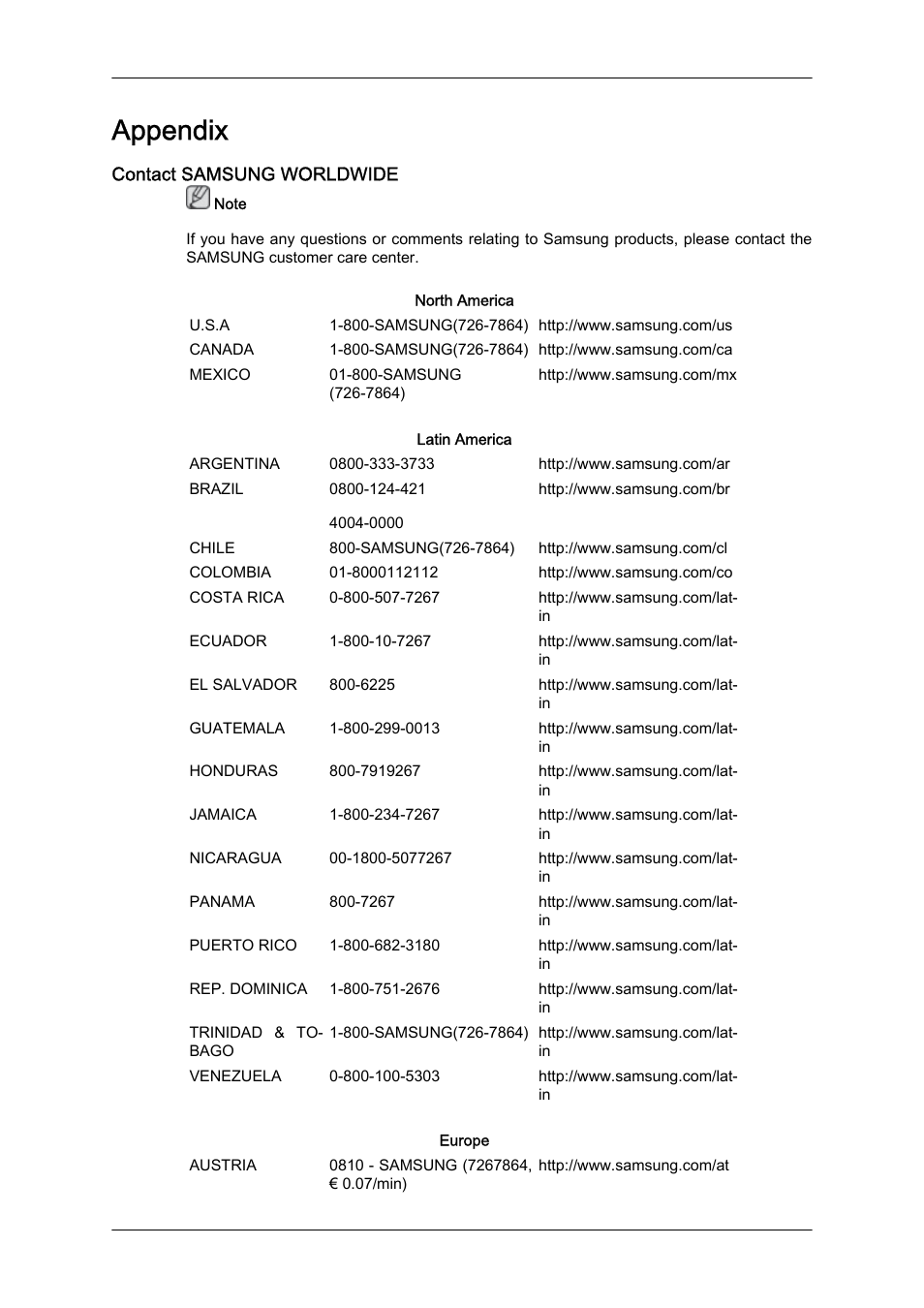 Appendix, Contact samsung worldwide | Samsung 460UTN User Manual | Page 112 / 116