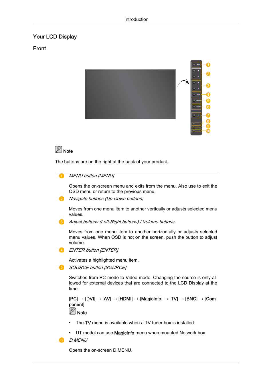 Your lcd display, Front | Samsung 460UTN User Manual | Page 12 / 116