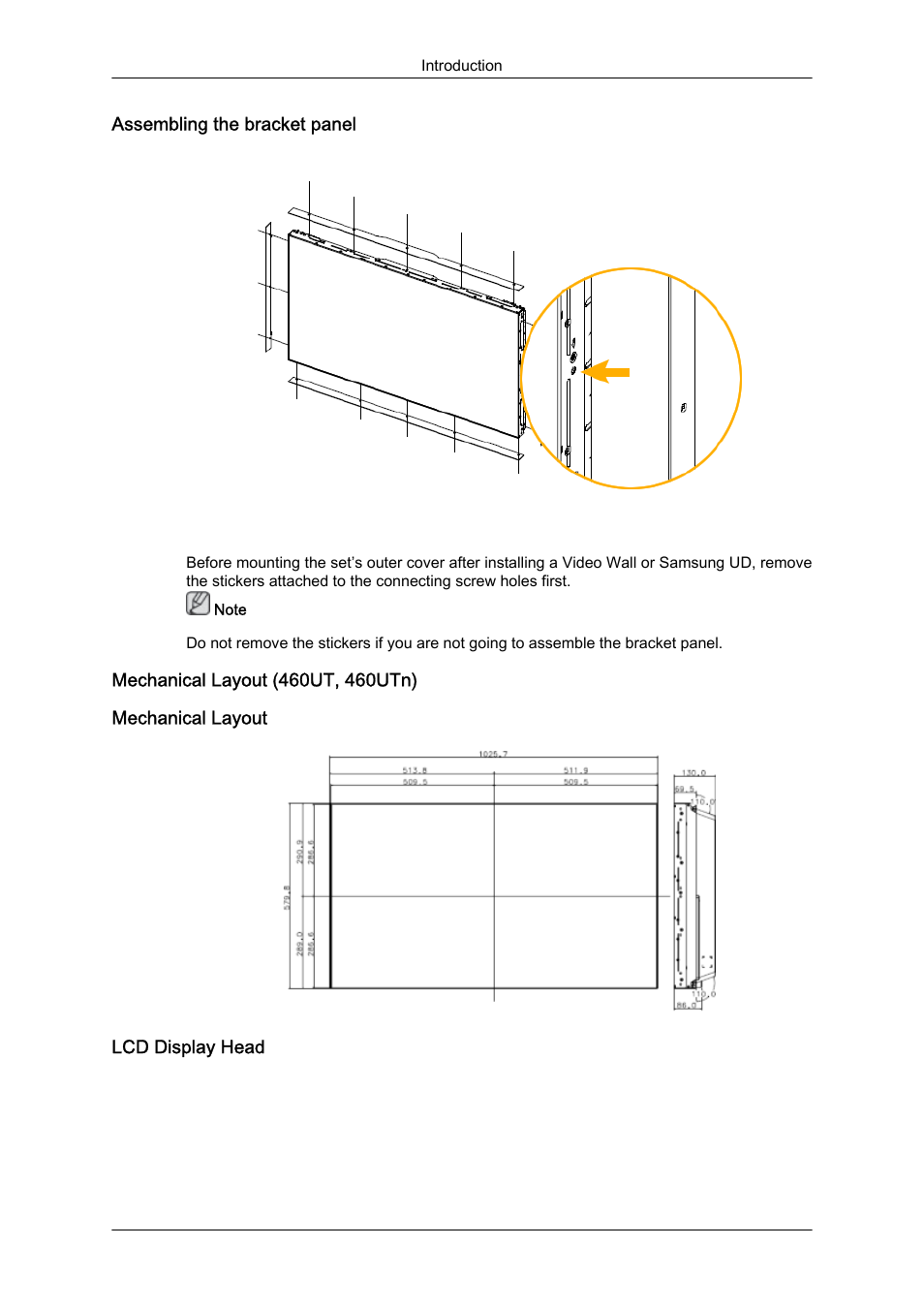 Assembling the bracket panel, Mechanical layout (460ut, 460utn), Mechanical layout | Lcd display head | Samsung 460UTN User Manual | Page 20 / 116