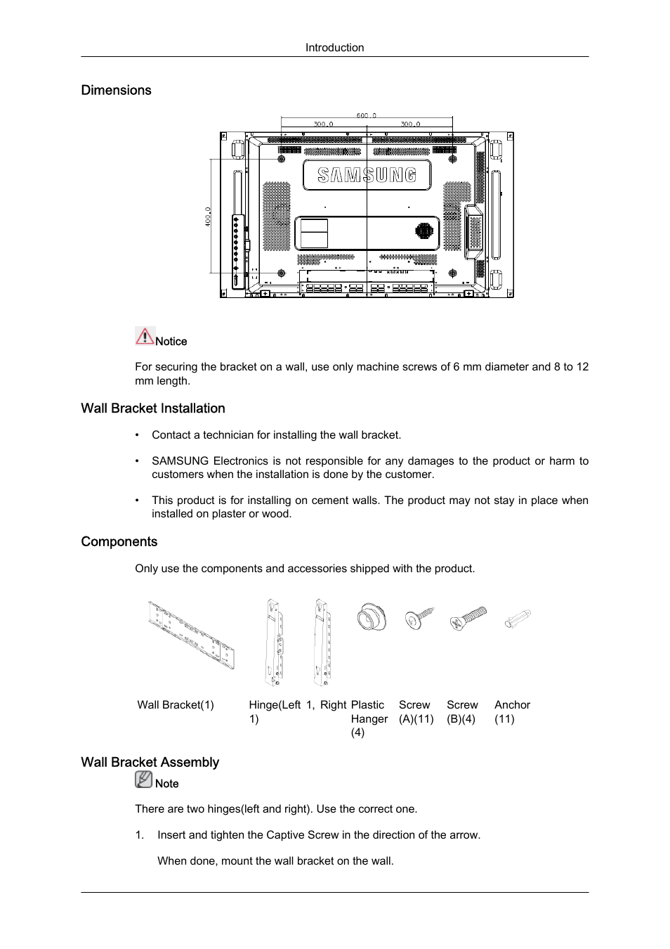 Dimensions, Wall bracket installation, Components | Wall bracket assembly | Samsung 460UTN User Manual | Page 22 / 116