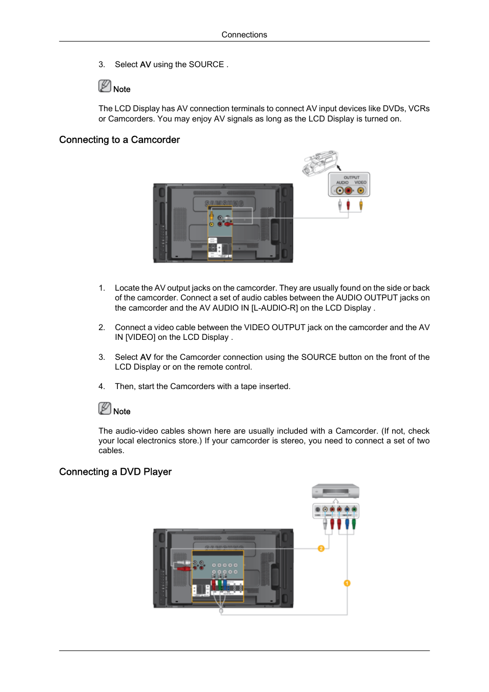 Connecting to a camcorder, Connecting a dvd player | Samsung 460UTN User Manual | Page 29 / 116