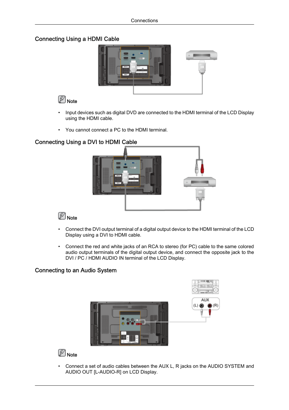 Connecting using a hdmi cable, Connecting using a dvi to hdmi cable, Connecting to an audio system | Samsung 460UTN User Manual | Page 31 / 116