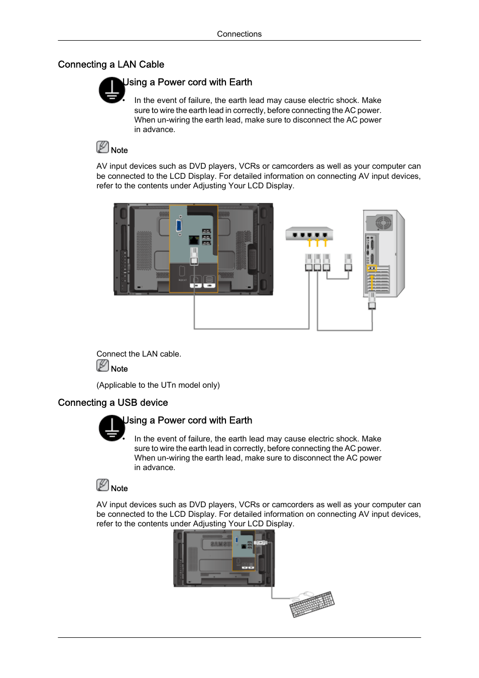 Connecting a lan cable, Connecting a usb device | Samsung 460UTN User Manual | Page 32 / 116