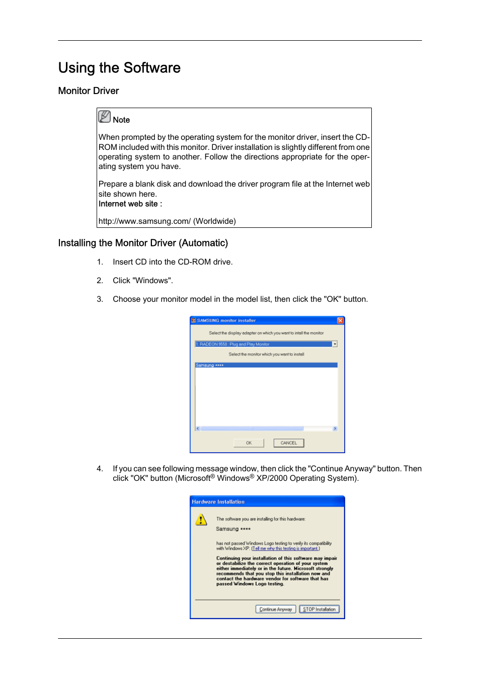 Using the software, Monitor driver, Installing the monitor driver (automatic) | Samsung 460UTN User Manual | Page 34 / 116