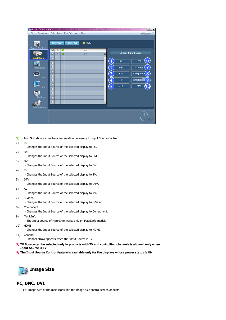 Image size pc, bnc, dvi | Samsung 460UTN User Manual | Page 50 / 116