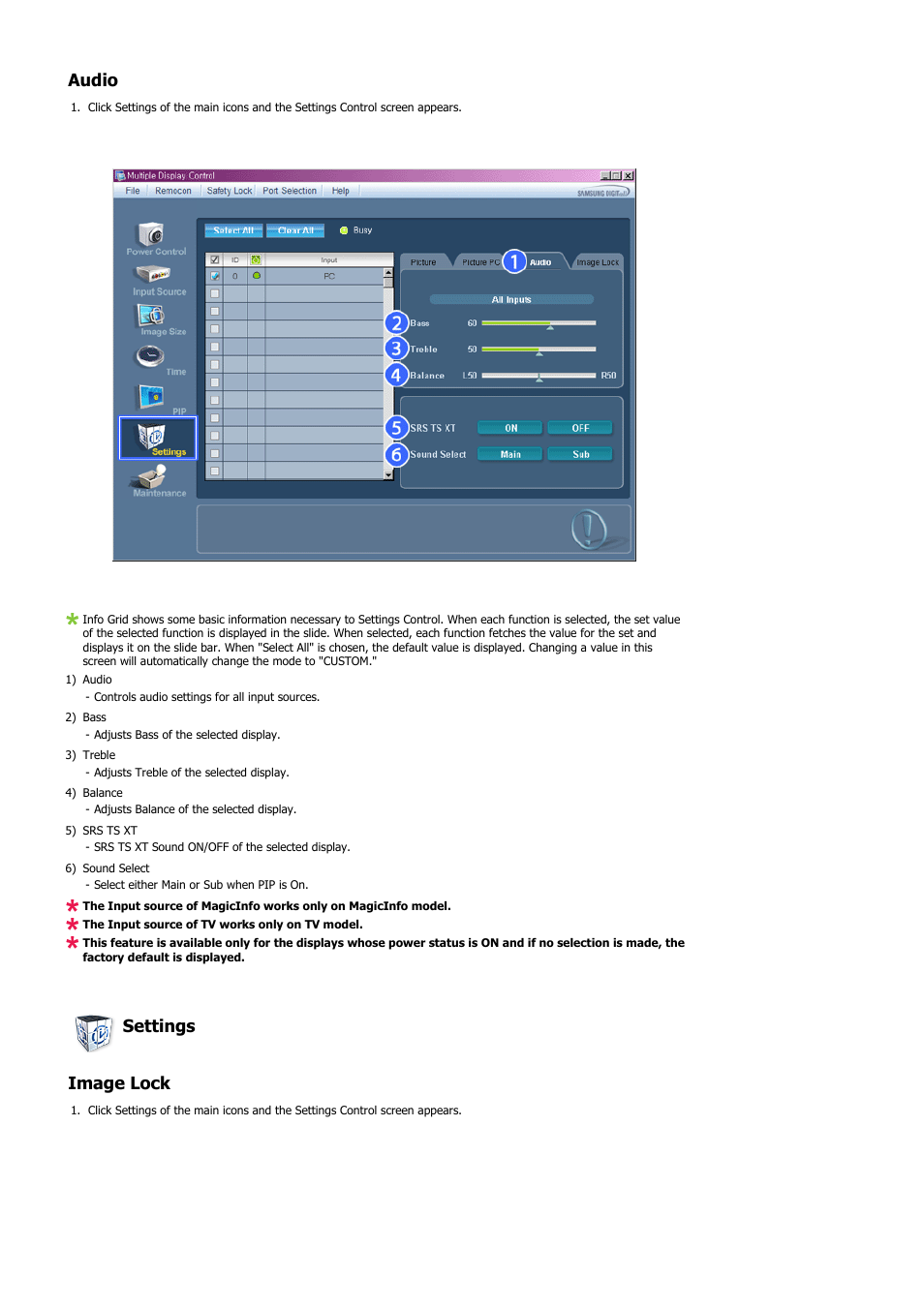 Audio, Settings image lock | Samsung 460UTN User Manual | Page 58 / 116