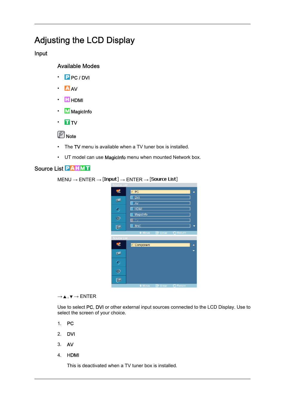 Adjusting the lcd display, Input, Source list | Samsung 460UTN User Manual | Page 64 / 116