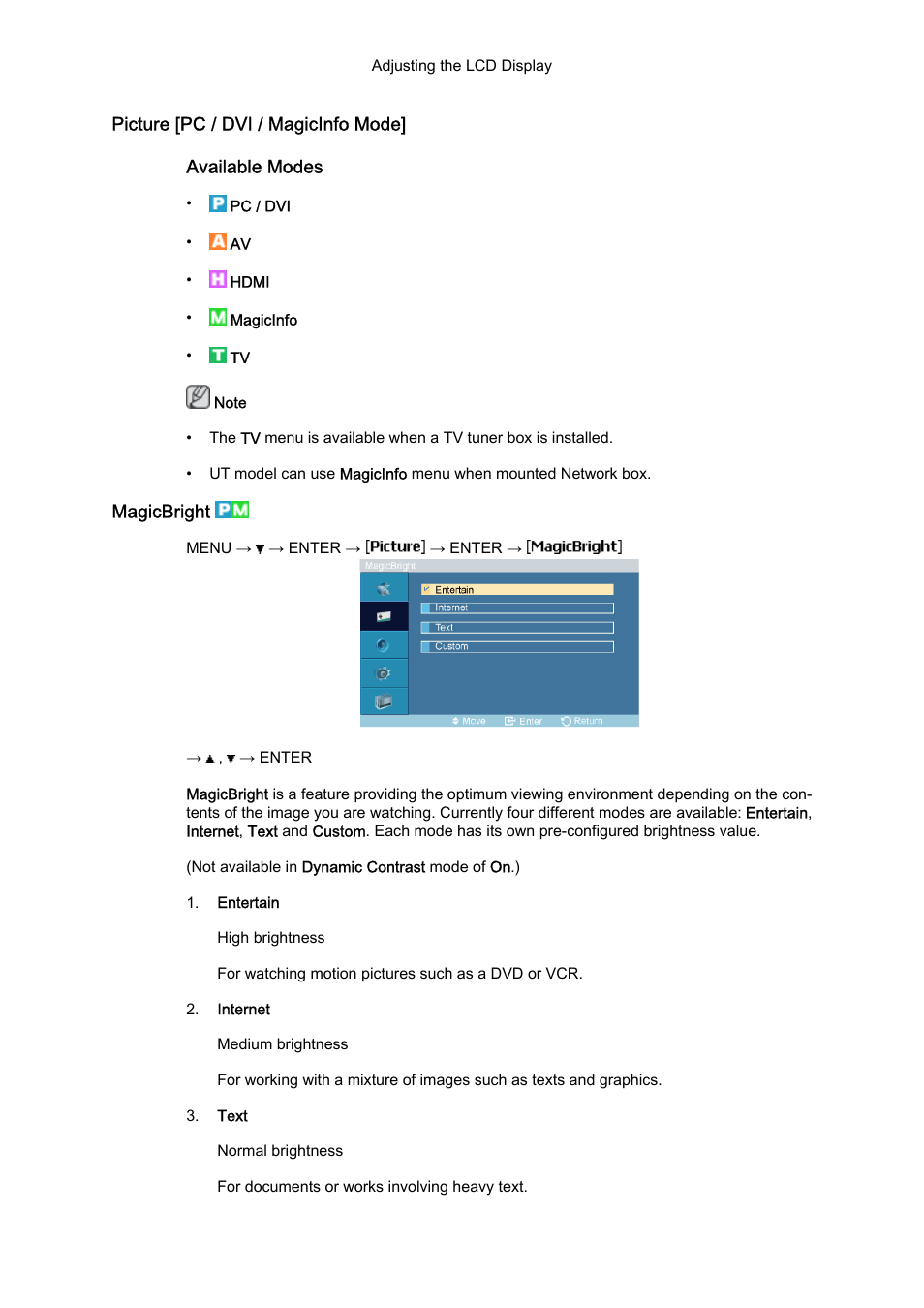 Picture [pc / dvi / magicinfo mode, Magicbright | Samsung 460UTN User Manual | Page 66 / 116