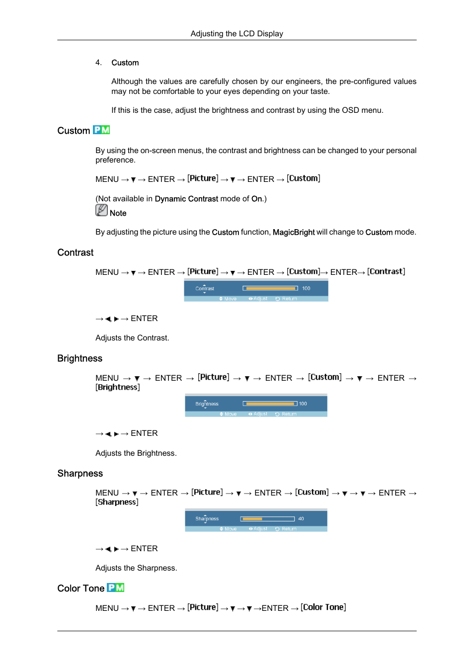 Custom, Contrast, Brightness | Sharpness, Color tone | Samsung 460UTN User Manual | Page 67 / 116