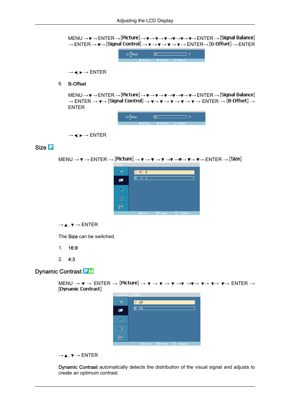 Size, Dynamic contrast | Samsung 460UTN User Manual | Page 72 / 116