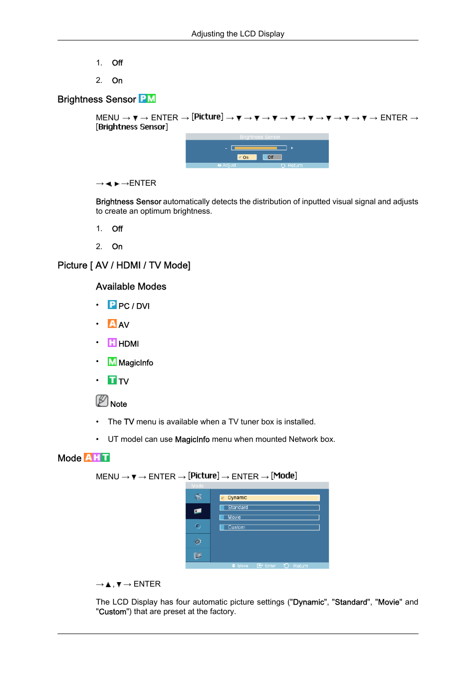 Brightness sensor, Picture [ av / hdmi / tv mode, Mode | Samsung 460UTN User Manual | Page 73 / 116