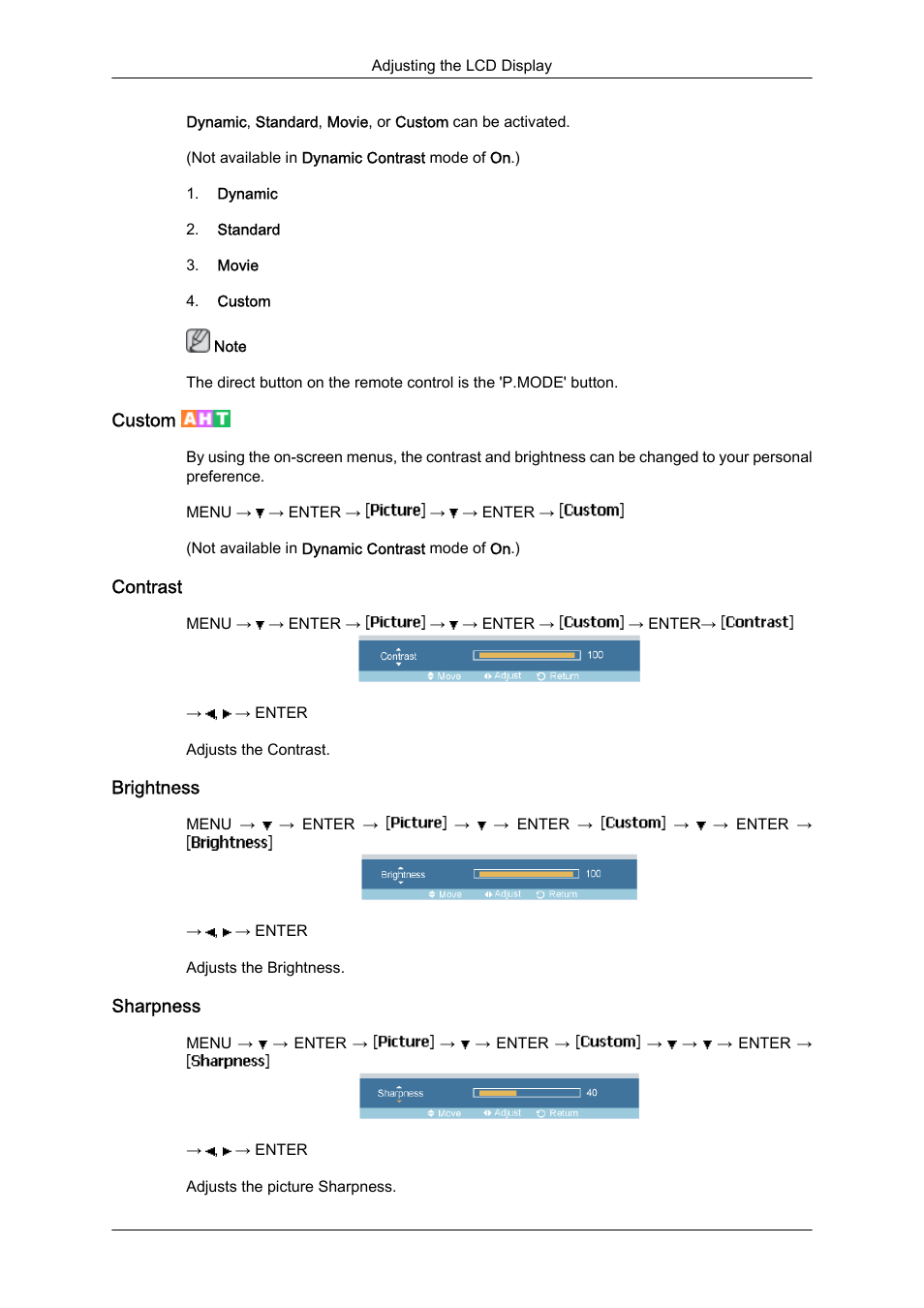 Custom, Contrast, Brightness | Sharpness | Samsung 460UTN User Manual | Page 74 / 116