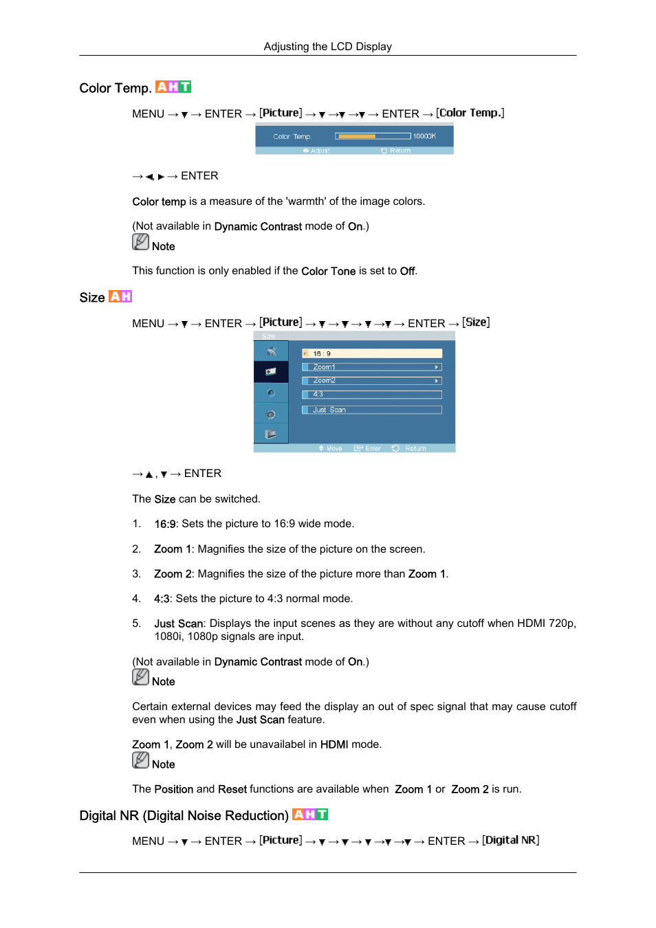 Color temp, Size, Digital nr (digital noise reduction) | Samsung 460UTN User Manual | Page 76 / 116