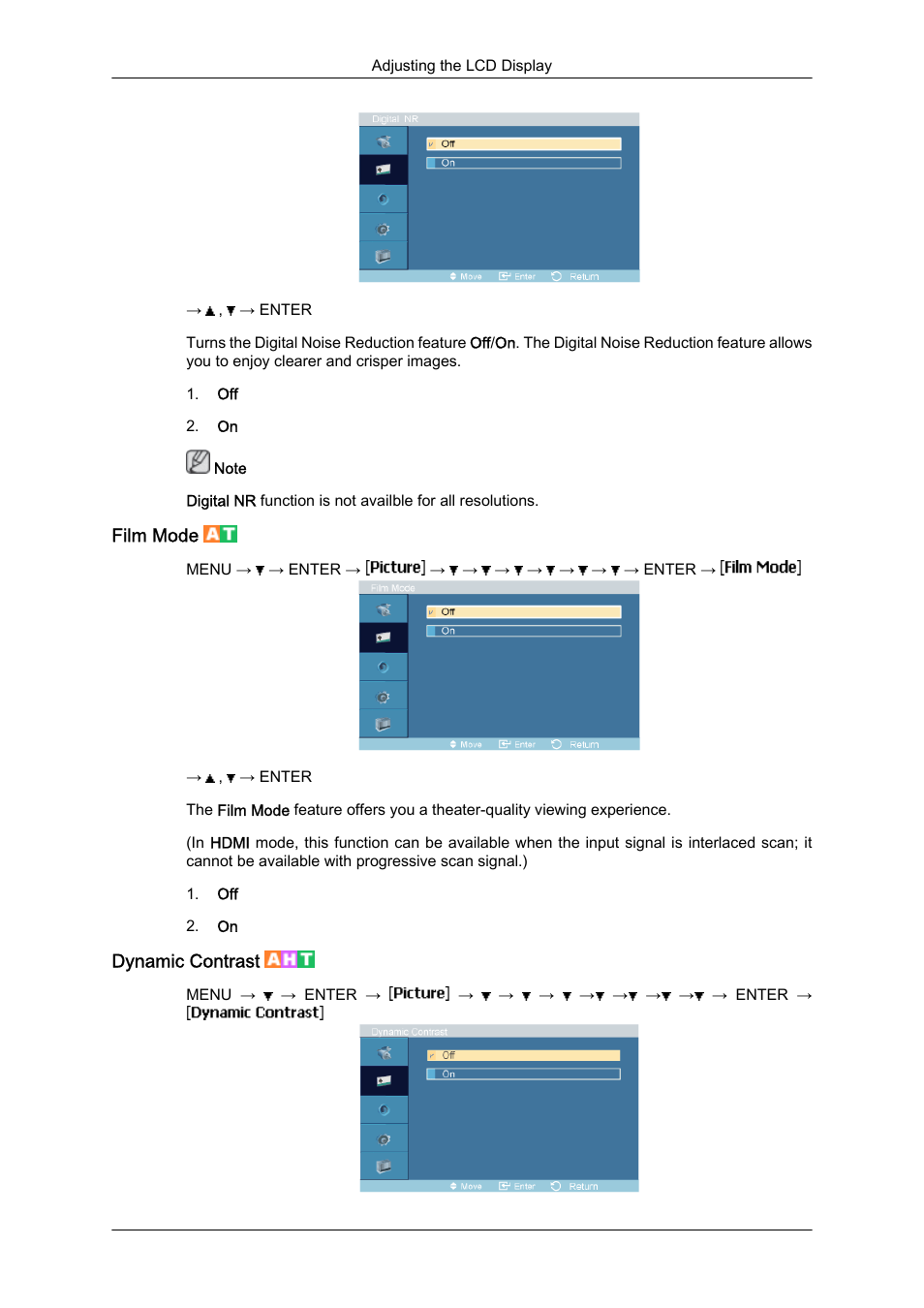 Film mode, Dynamic contrast | Samsung 460UTN User Manual | Page 77 / 116