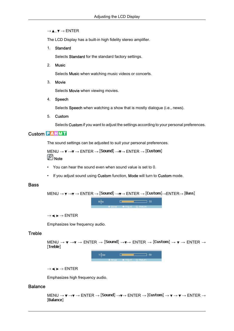 Custom, Bass, Treble | Balance | Samsung 460UTN User Manual | Page 79 / 116