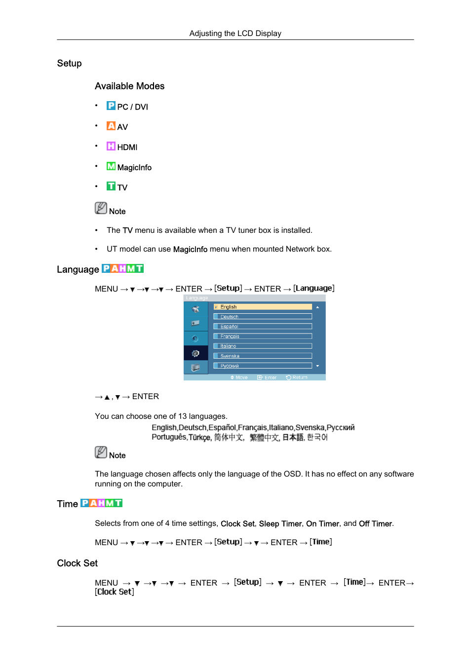 Setup, Language, Time | Clock set | Samsung 460UTN User Manual | Page 81 / 116