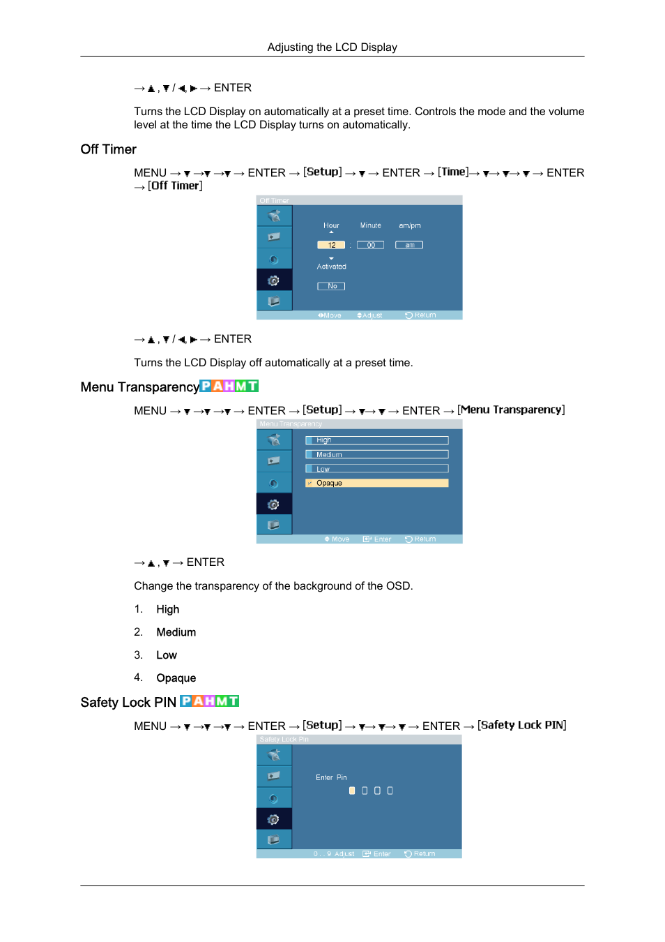 Off timer, Menu transparency, Safety lock pin | Samsung 460UTN User Manual | Page 83 / 116