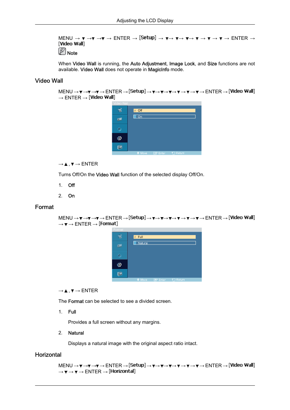 Video wall, Format, Horizontal | Samsung 460UTN User Manual | Page 85 / 116