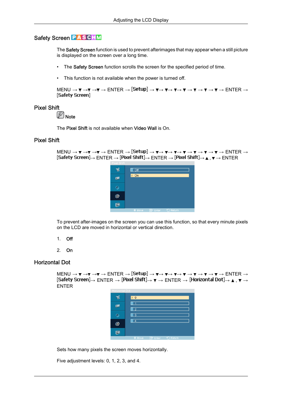 Safety screen, Pixel shift, Horizontal dot | Samsung 460UTN User Manual | Page 87 / 116