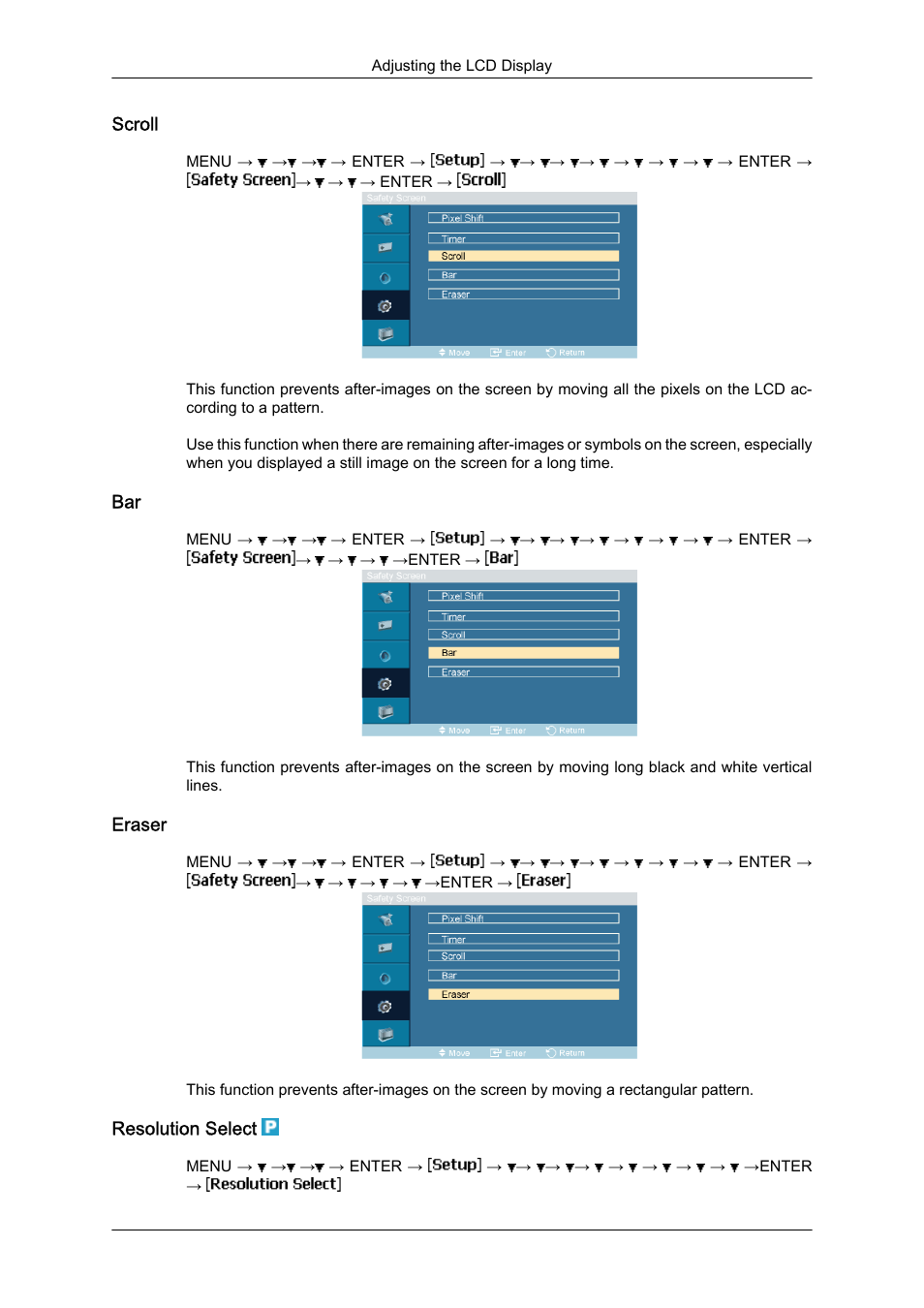 Scroll, Eraser, Resolution select | Samsung 460UTN User Manual | Page 90 / 116