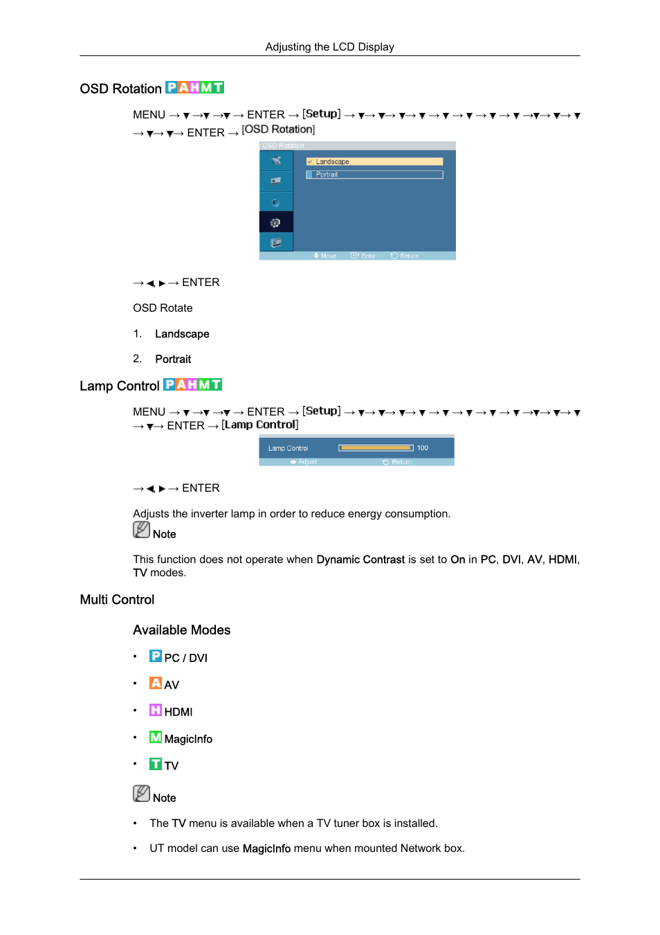 Osd rotation, Lamp control, Multi control | Samsung 460UTN User Manual | Page 93 / 116