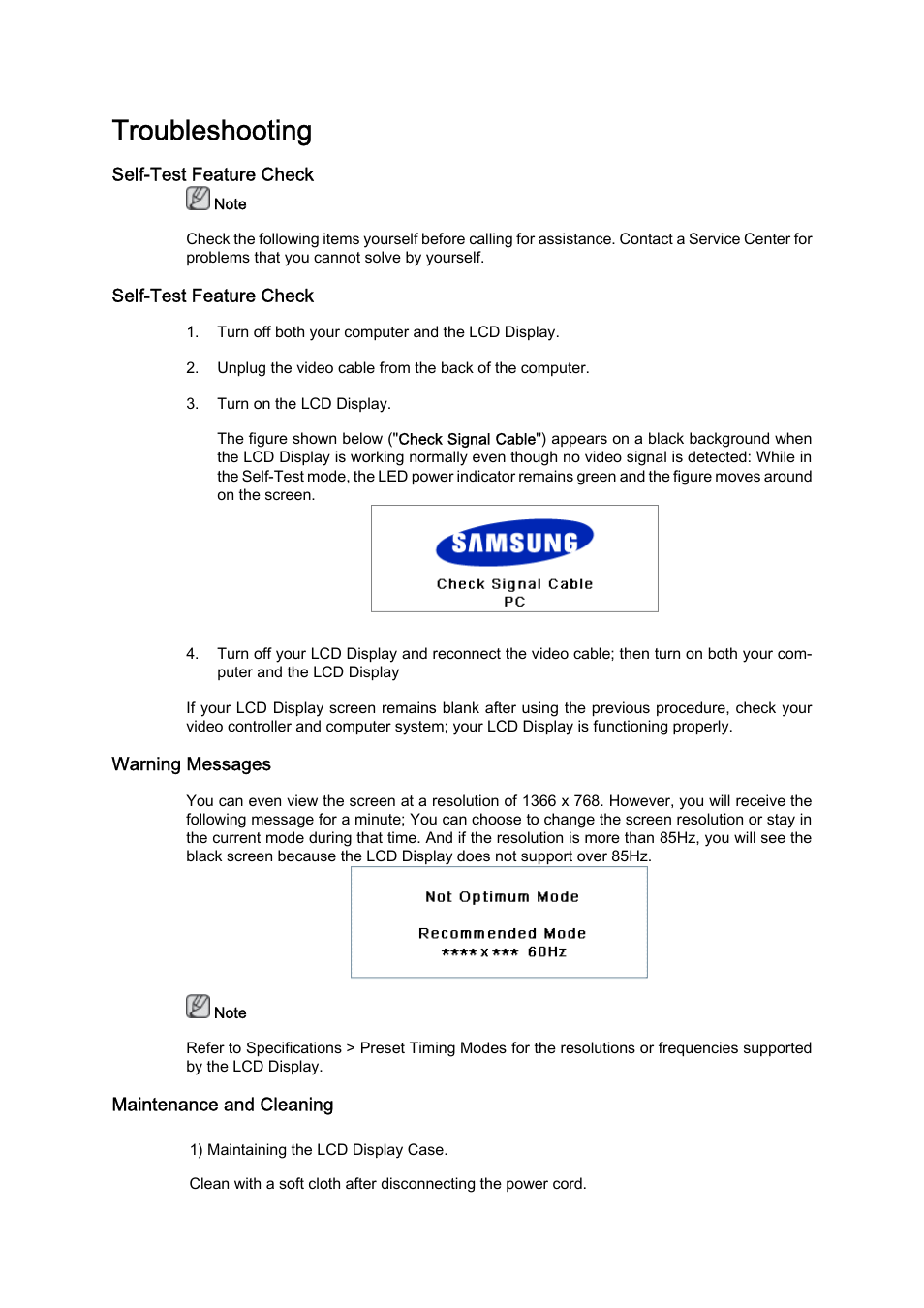 Troubleshooting, Self-test feature check, Warning messages | Maintenance and cleaning | Samsung 460UTN User Manual | Page 97 / 116