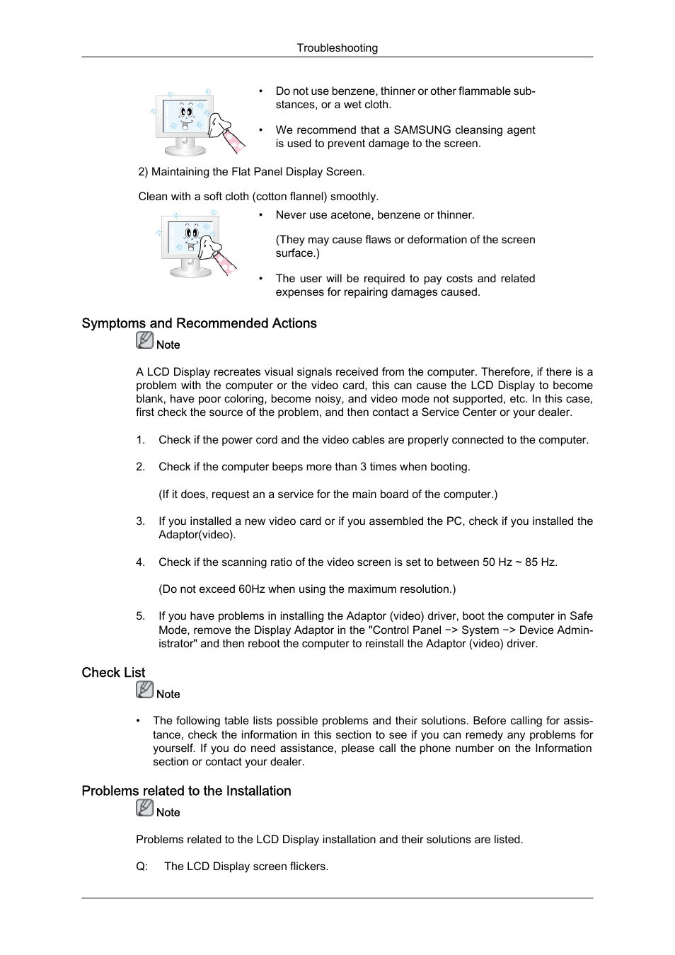 Symptoms and recommended actions, Check list, Problems related to the installation | Samsung 460UTN User Manual | Page 98 / 116