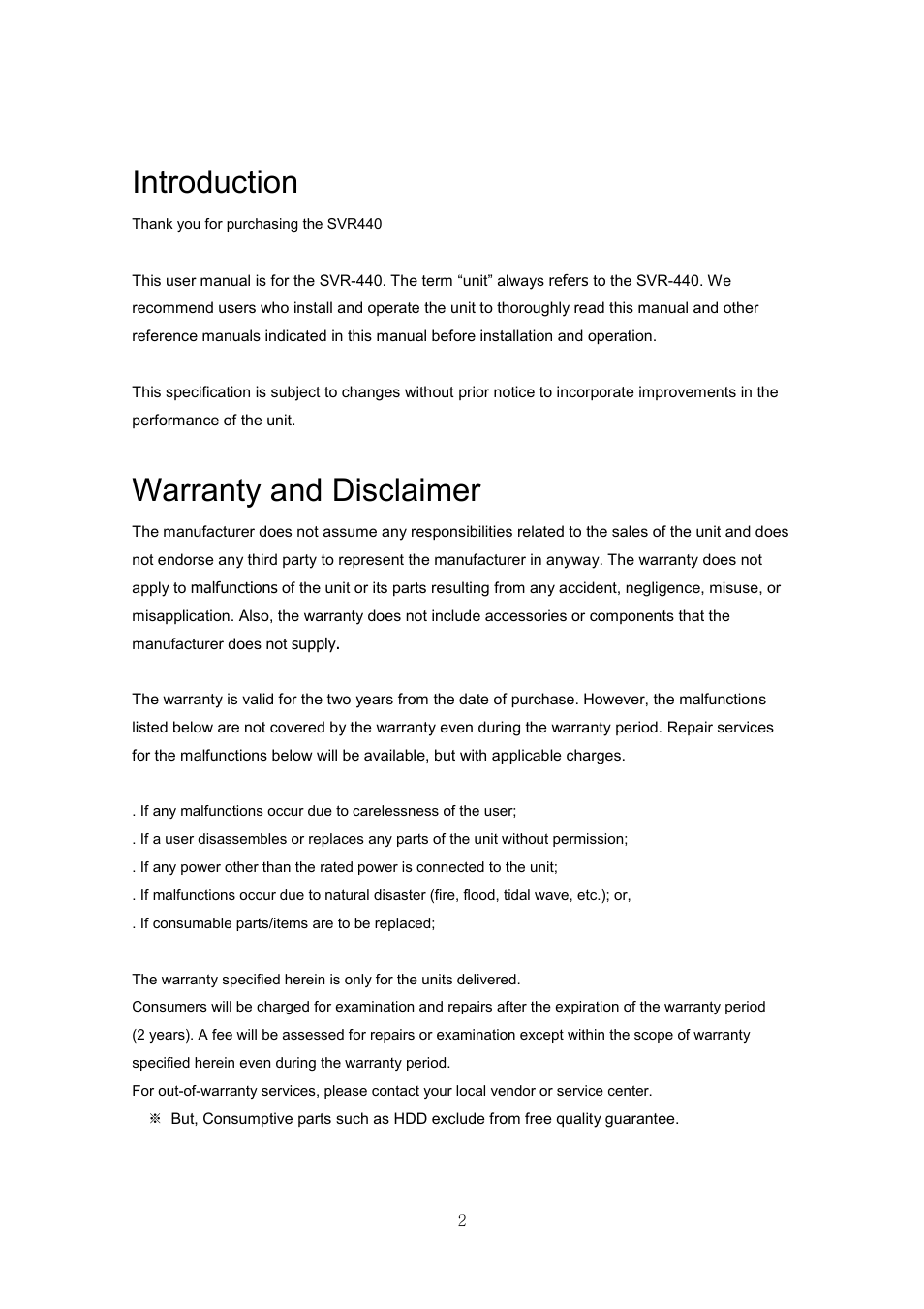 Introduction, Warranty and disclaimer | Samsung SVR-440 User Manual | Page 2 / 85