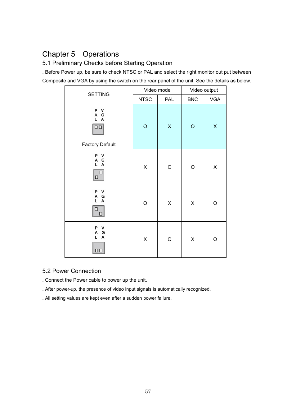 Chapter 5 operations, 1 preliminary checks before starting operation, 2 power connection | Samsung SVR-440 User Manual | Page 57 / 85