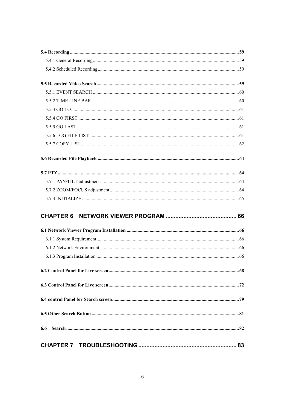 Chapter 6 network viewer program, Chapter 7 troubleshooting | Samsung SVR-440 User Manual | Page 6 / 85