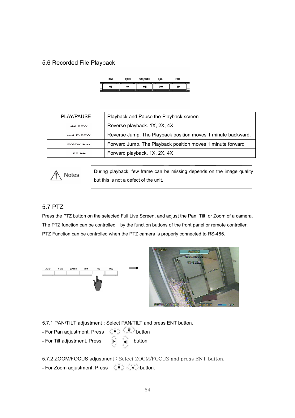 6 recorded file playback, 7 ptz | Samsung SVR-440 User Manual | Page 64 / 85