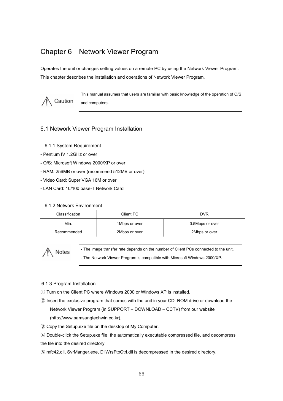 Chapter 6 network viewer program, 1 network viewer program installation | Samsung SVR-440 User Manual | Page 66 / 85