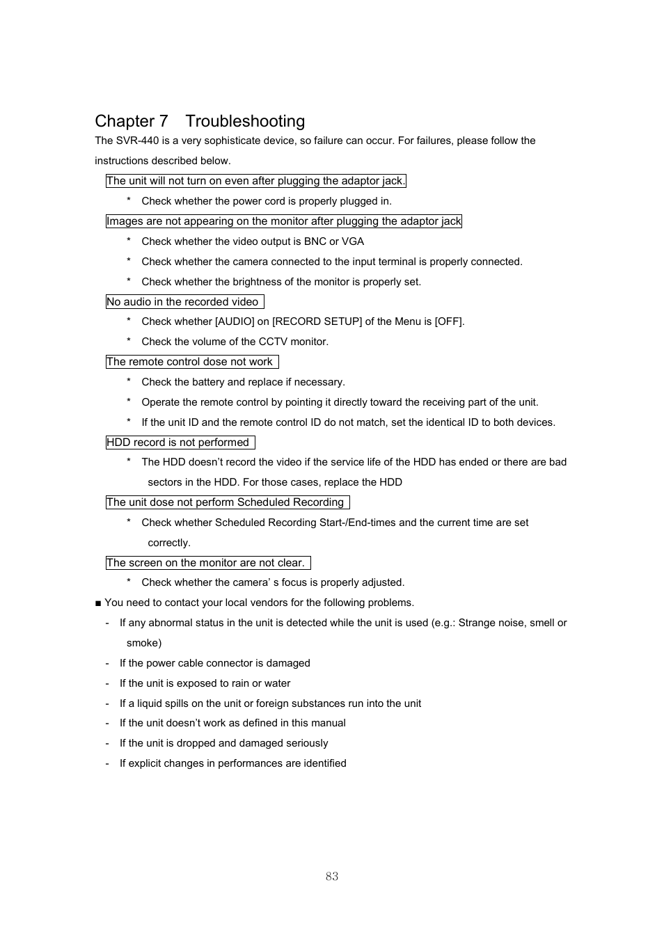 Chapter 7 troubleshooting | Samsung SVR-440 User Manual | Page 83 / 85