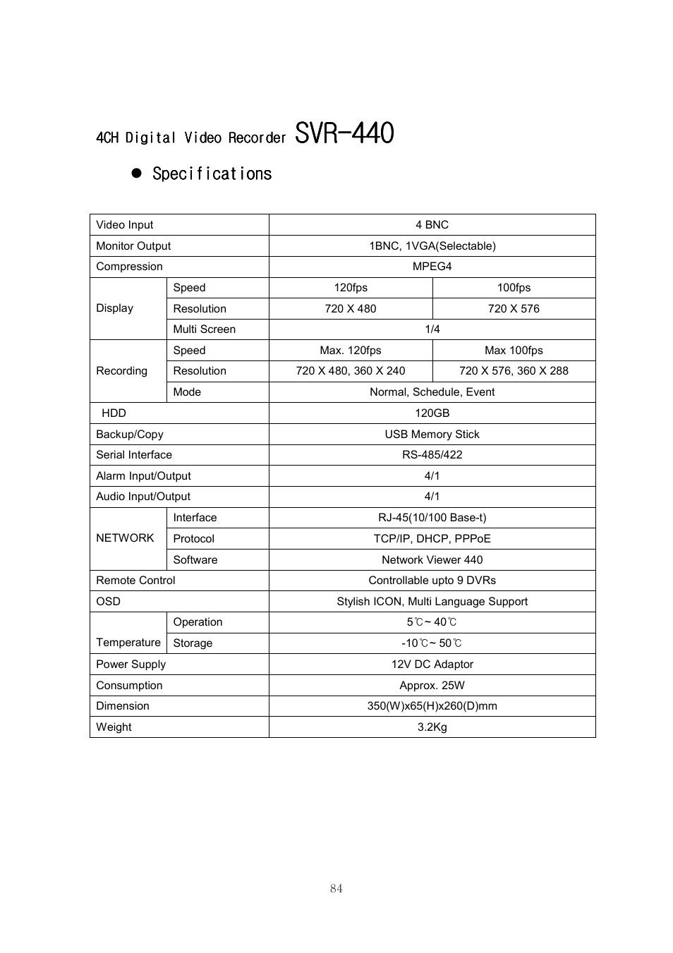 Specifications | Samsung SVR-440 User Manual | Page 84 / 85