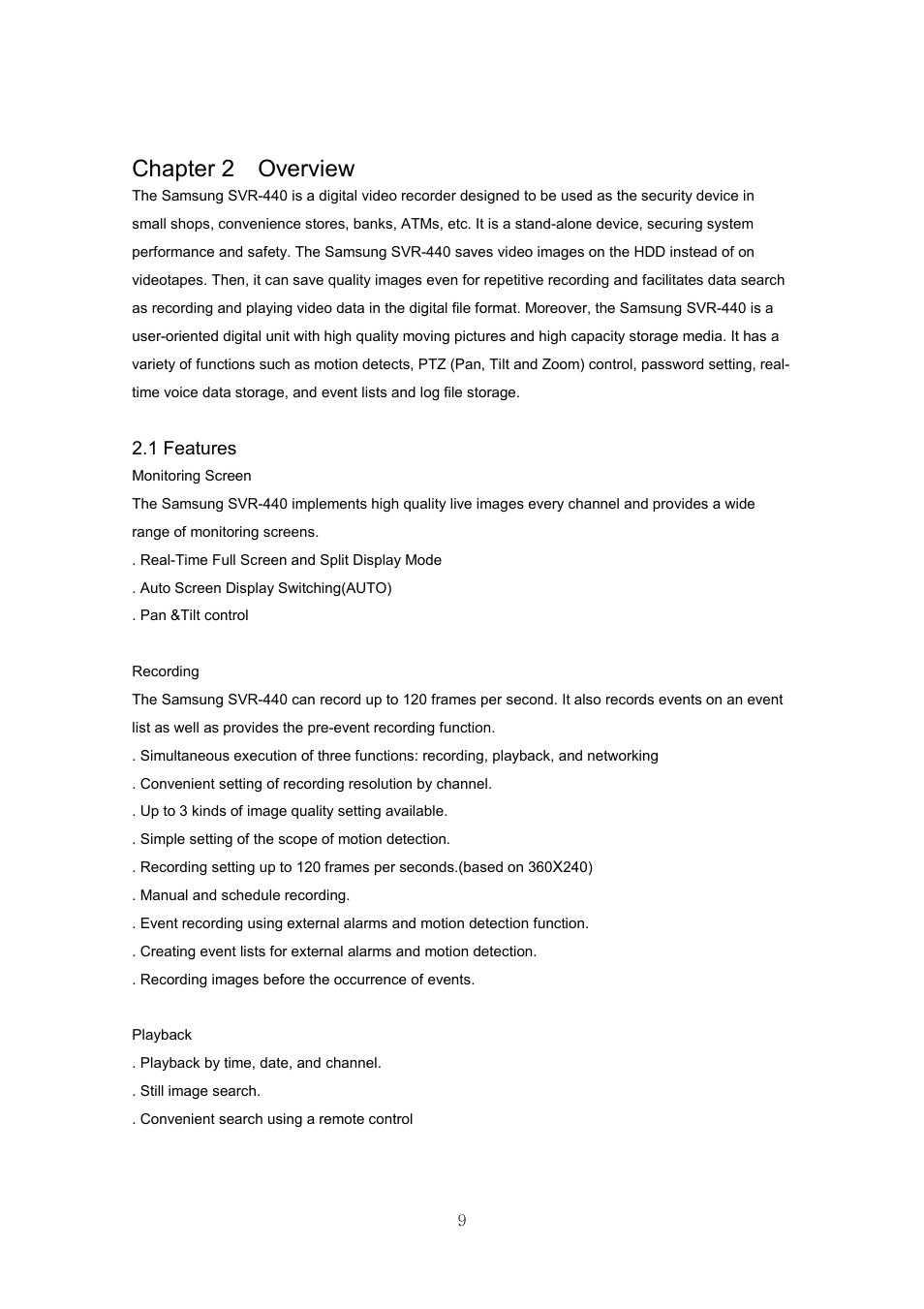 Chapter 2 overview, 1 features | Samsung SVR-440 User Manual | Page 9 / 85