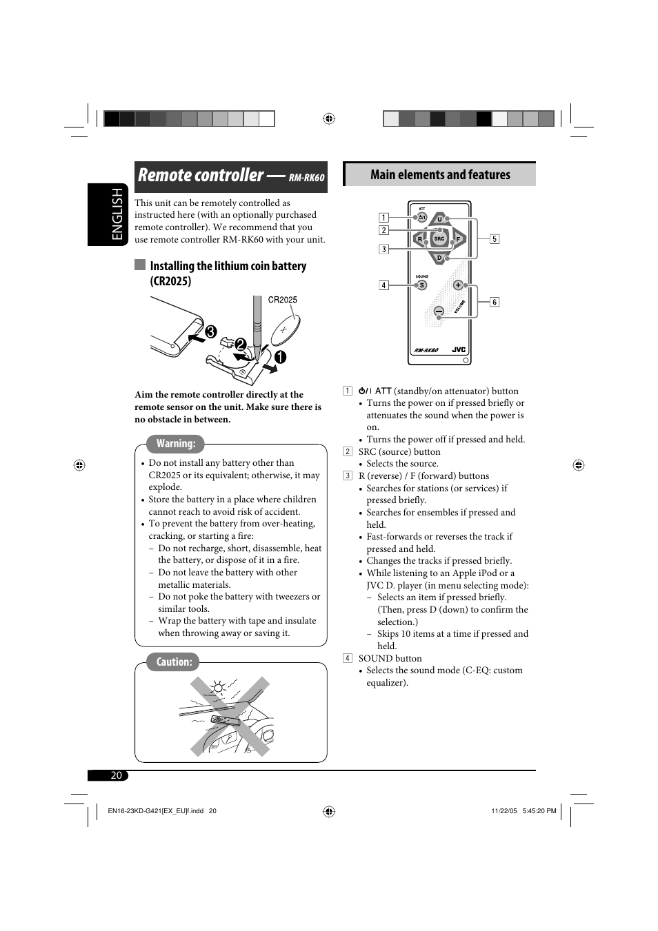 Remote controller, English main elements and features, Installing the lithium coin battery (cr2025) | JVC KD-G421 User Manual | Page 20 / 80