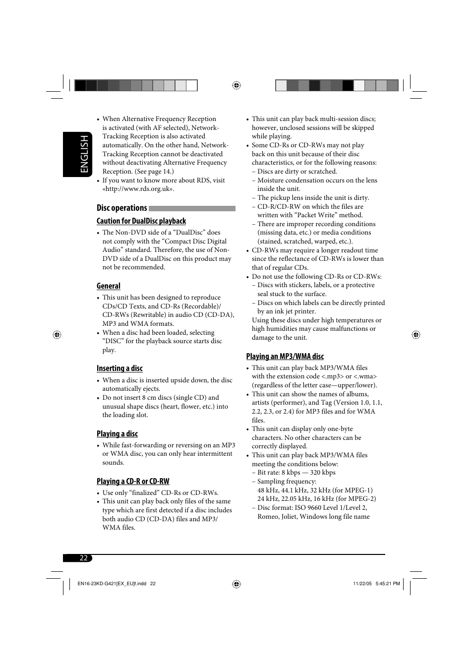 English, Disc operations | JVC KD-G421 User Manual | Page 22 / 80