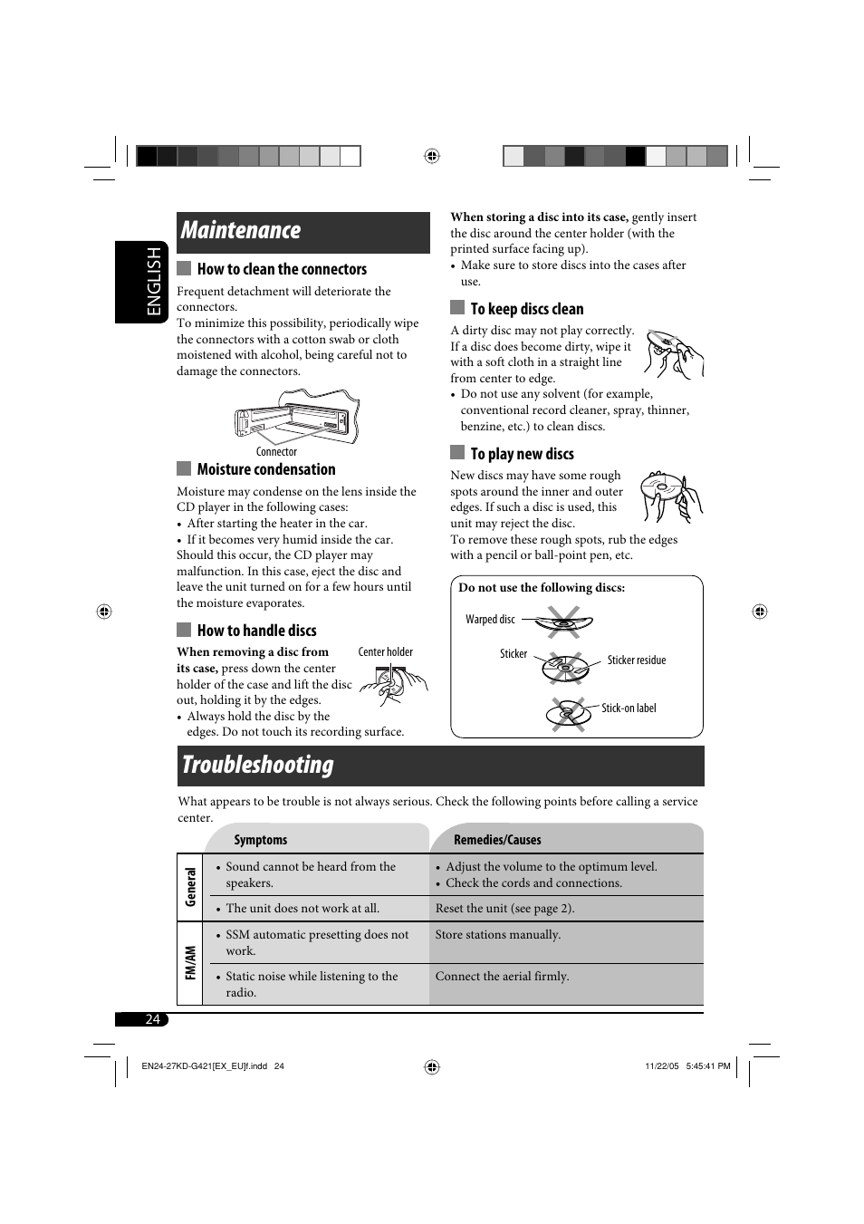 Troubleshooting, Maintenance, English | How to clean the connectors, Moisture condensation, How to handle discs | JVC KD-G421 User Manual | Page 24 / 80