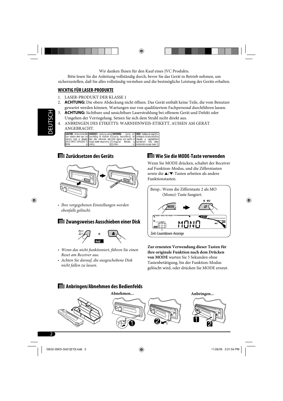 Deutsch, Wie sie die mode-taste verwenden, Zwangsweises ausschieben einer disk | JVC KD-G421 User Manual | Page 28 / 80