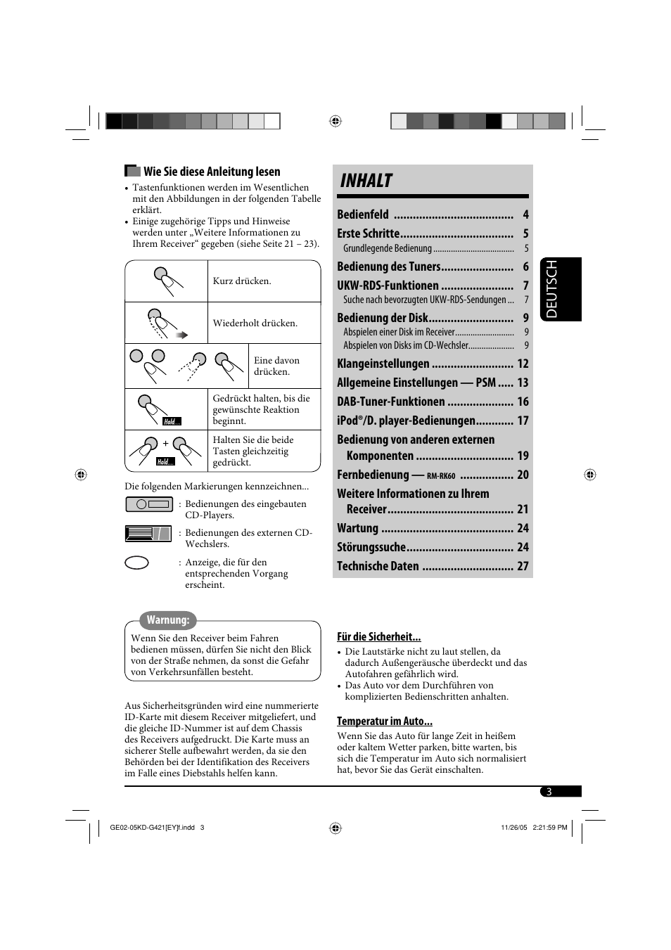 Inhalt, Deutsch | JVC KD-G421 User Manual | Page 29 / 80