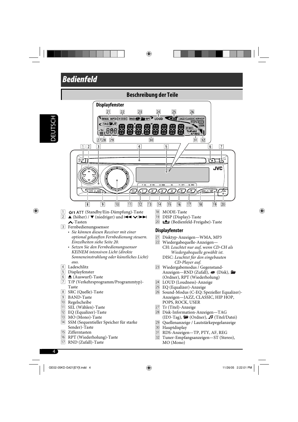 Bedienfeld, Deutsch, Beschreibung der teile | JVC KD-G421 User Manual | Page 30 / 80