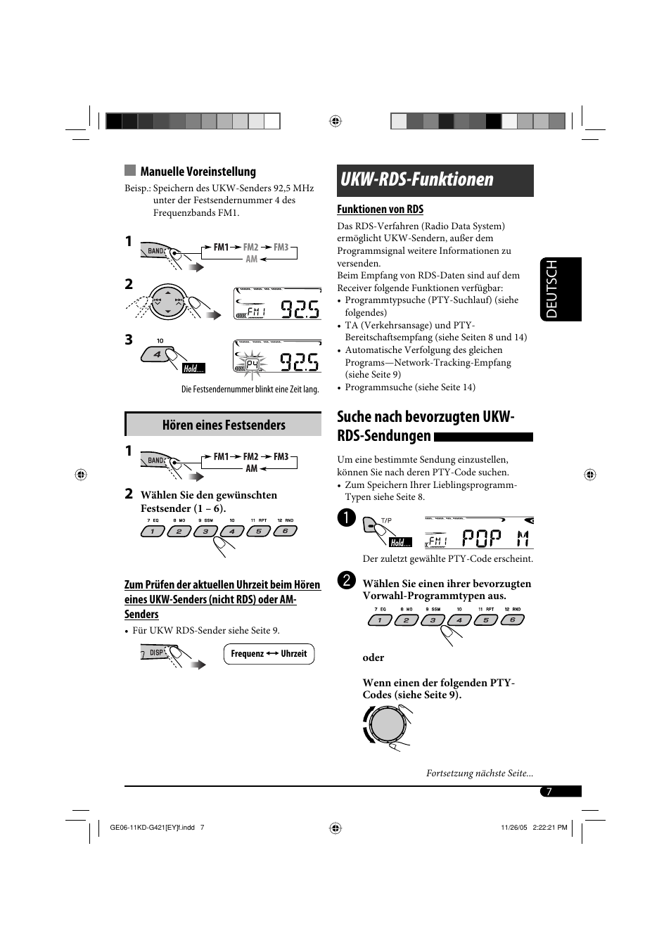 Ukw-rds-funktionen, Suche nach bevorzugten ukw- rds-sendungen, Deutsch | Hören eines festsenders | JVC KD-G421 User Manual | Page 33 / 80