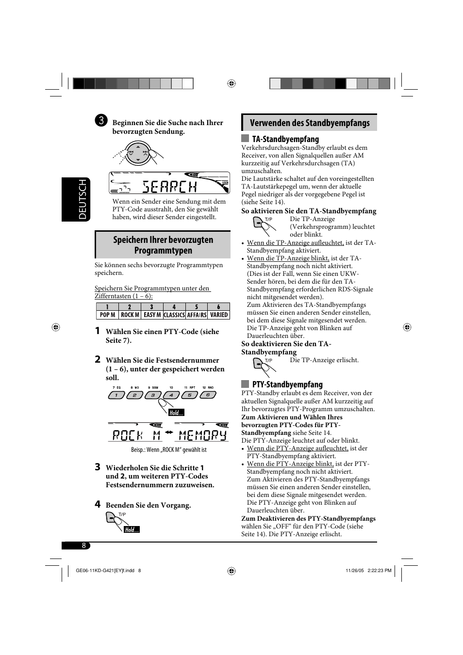 Deutsch verwenden des standbyempfangs, Speichern ihrer bevorzugten programmtypen | JVC KD-G421 User Manual | Page 34 / 80