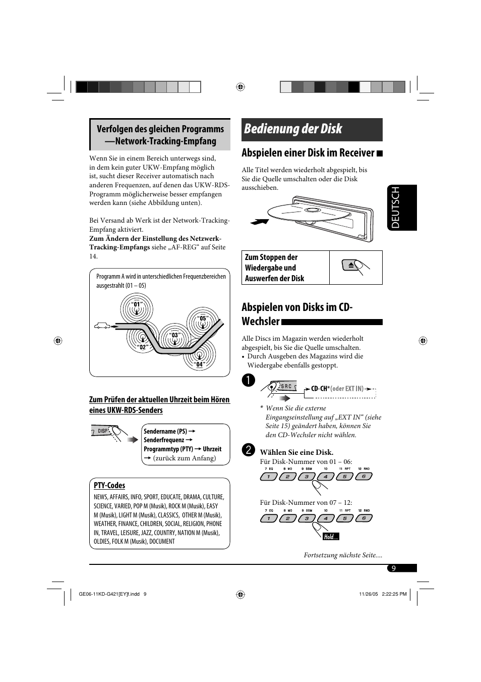 Bedienung der disk, Abspielen einer disk im receiver, Abspielen von disks im cd- wechsler | Deutsch | JVC KD-G421 User Manual | Page 35 / 80