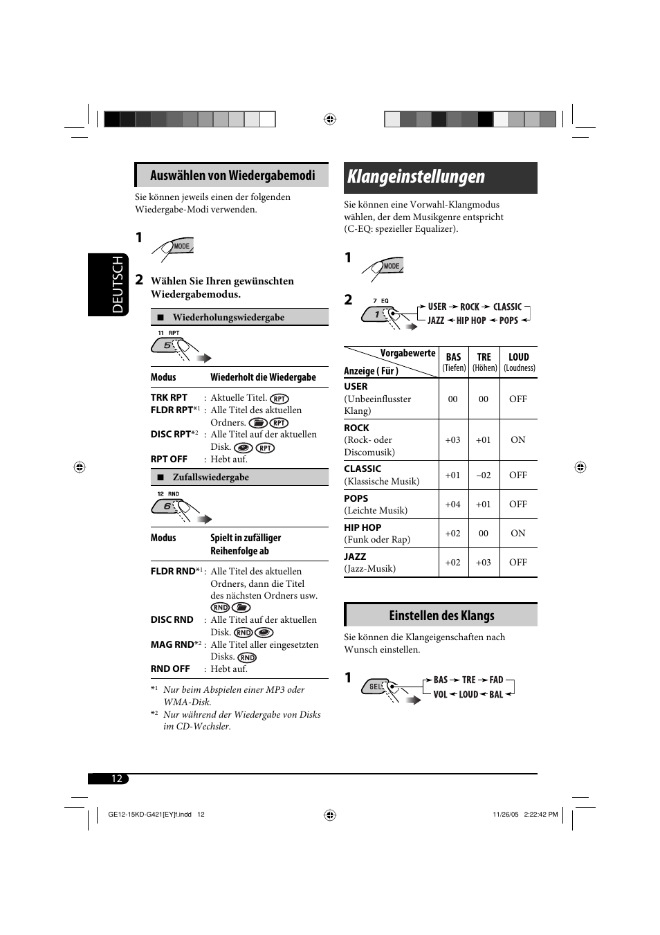 Klangeinstellungen, Deutsch auswählen von wiedergabemodi, Einstellen des klangs | JVC KD-G421 User Manual | Page 38 / 80