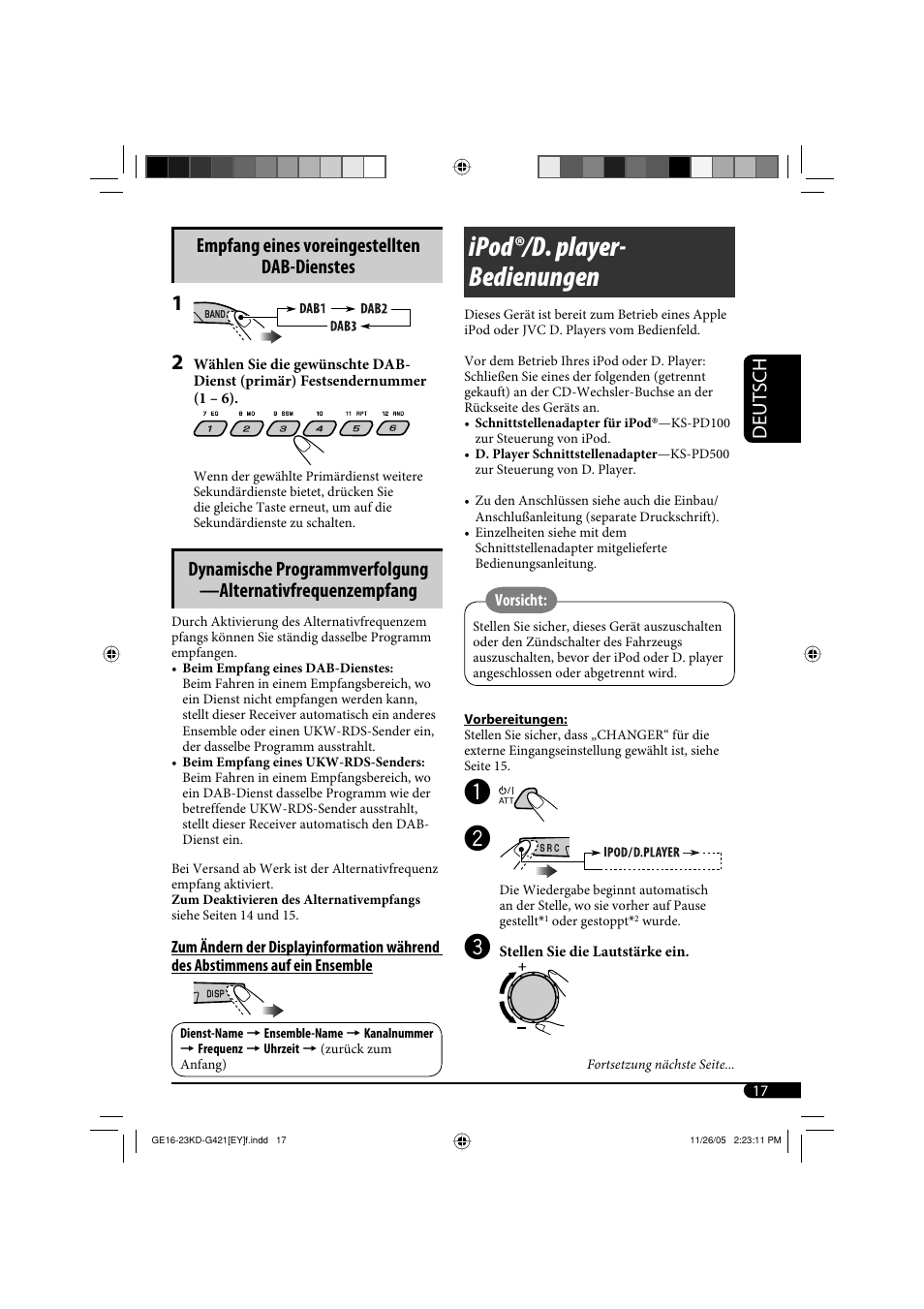 Ipod®/d. player- bedienungen, Deutsch, Empfang eines voreingestellten dab-dienstes | JVC KD-G421 User Manual | Page 43 / 80
