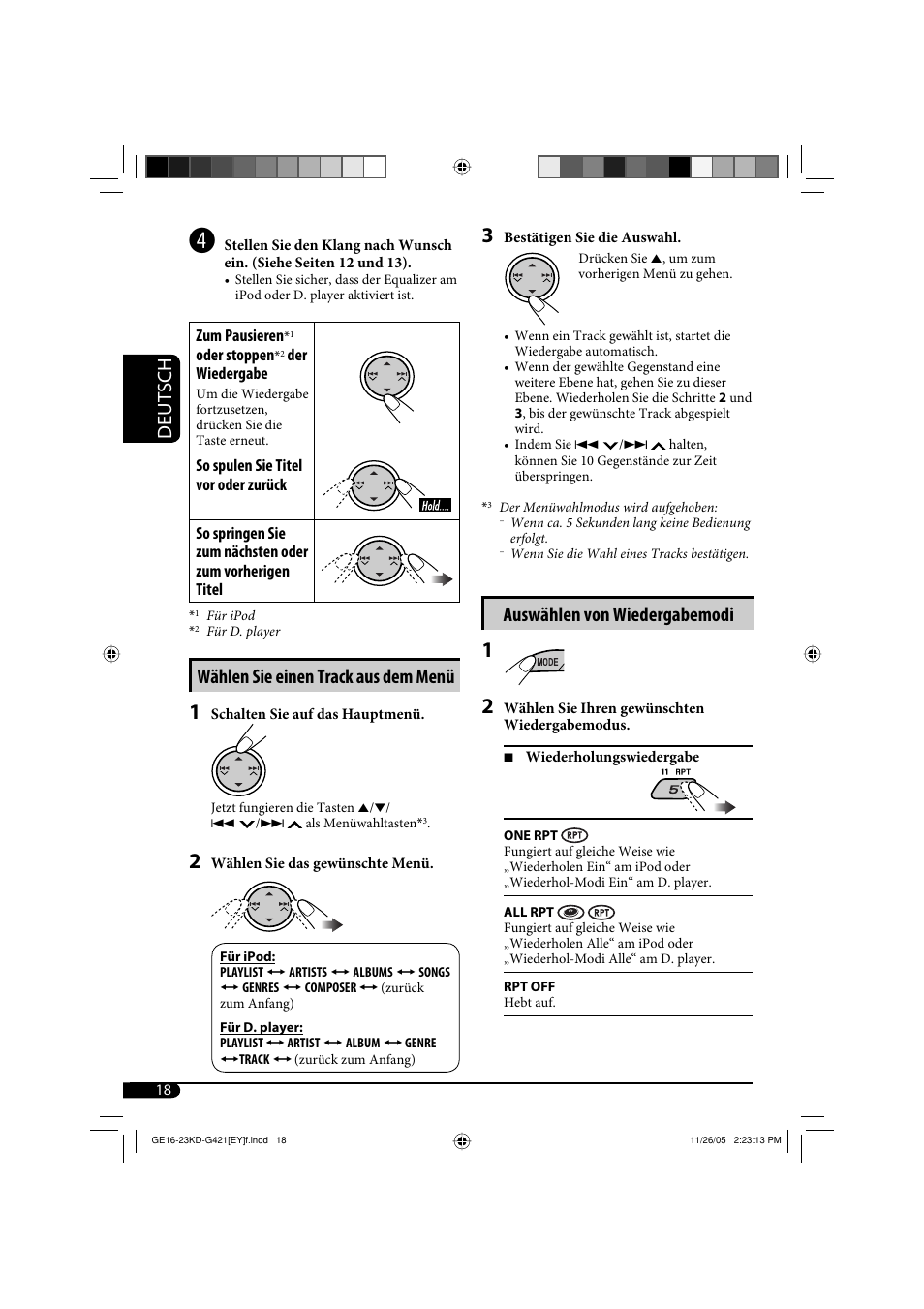 Deutsch, Wählen sie einen track aus dem menü, Auswählen von wiedergabemodi | JVC KD-G421 User Manual | Page 44 / 80
