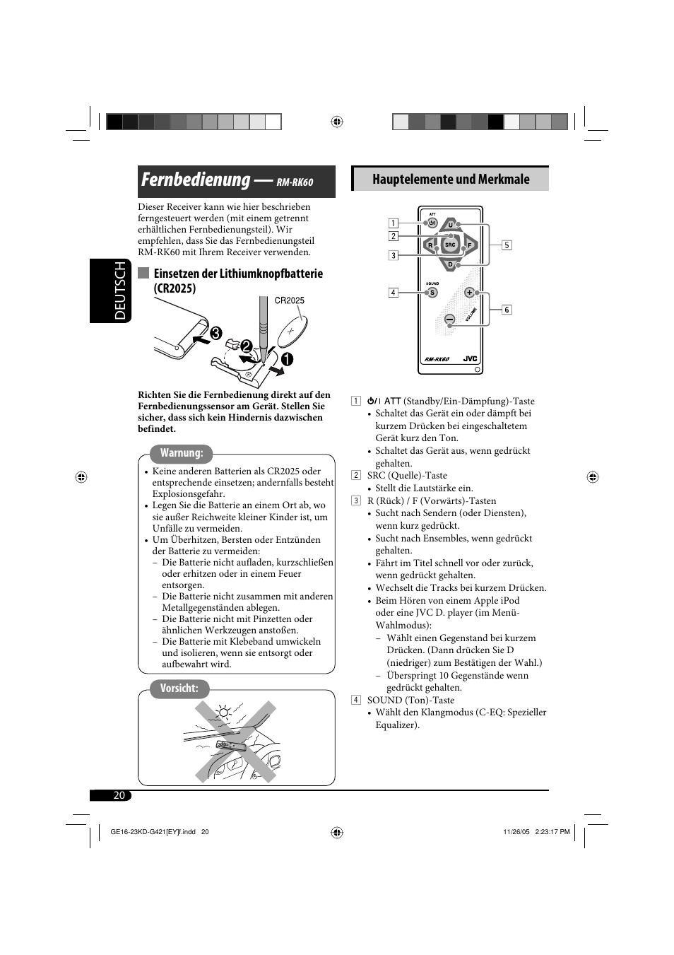 Fernbedienung, Deutsch hauptelemente und merkmale, Einsetzen der lithiumknopfbatterie (cr2025) | JVC KD-G421 User Manual | Page 46 / 80