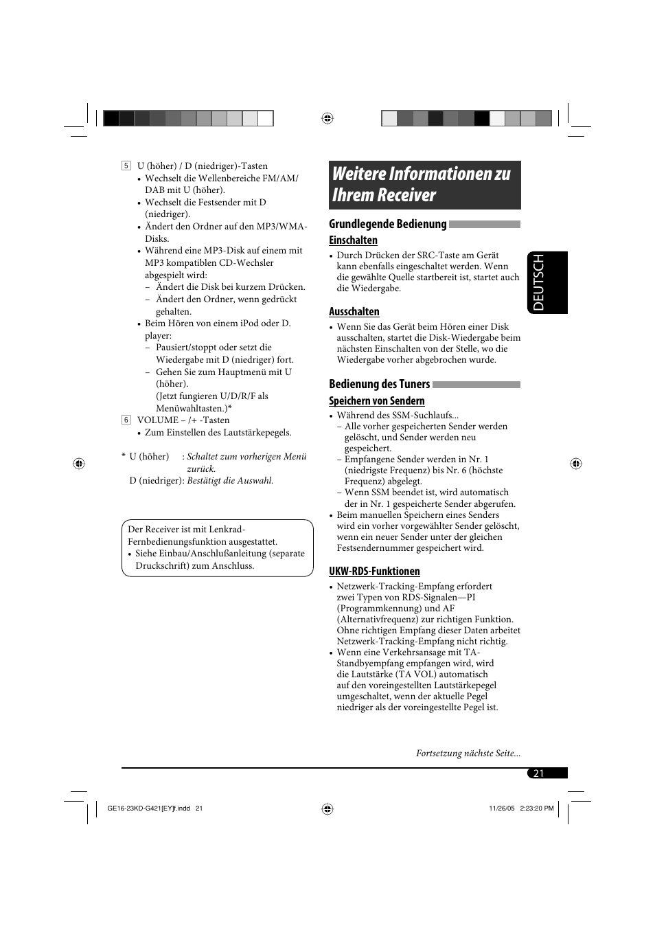 Weitere informationen zu ihrem receiver, Deutsch, Grundlegende bedienung | Bedienung des tuners | JVC KD-G421 User Manual | Page 47 / 80